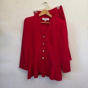 Silk Saks Fifth Avenue Red Two-Piece Suit with Silver Buttons Size 8